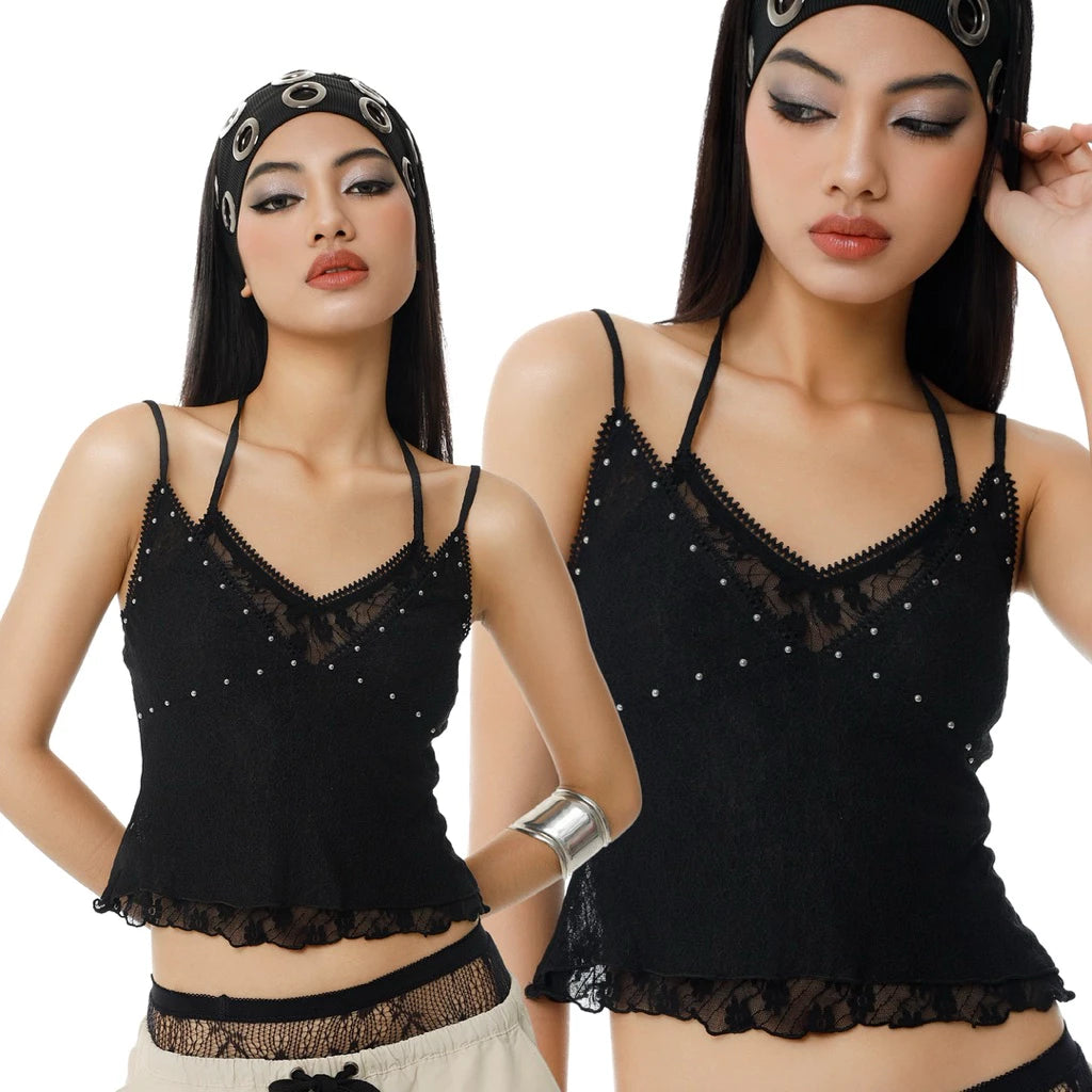 [Britney The Brand] STUDDED DOUBLE-LAYER LACE CAMI TOP