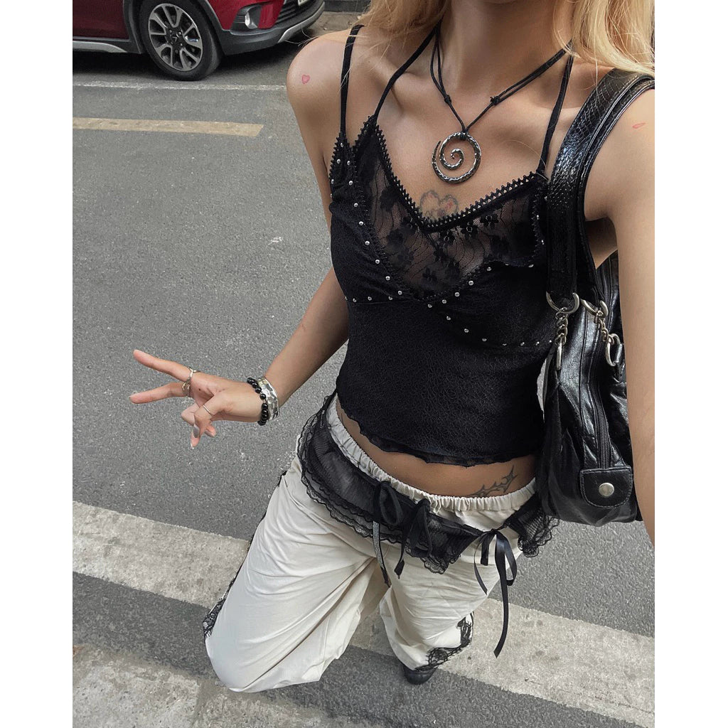 [Britney The Brand] STUDDED DOUBLE-LAYER LACE CAMI TOP